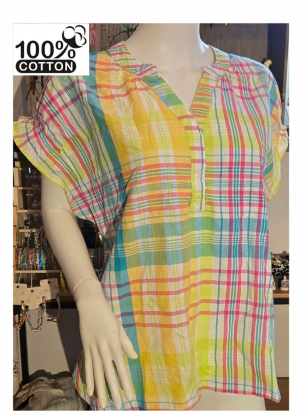 100% Cotton Plaid Summer Blouse Large